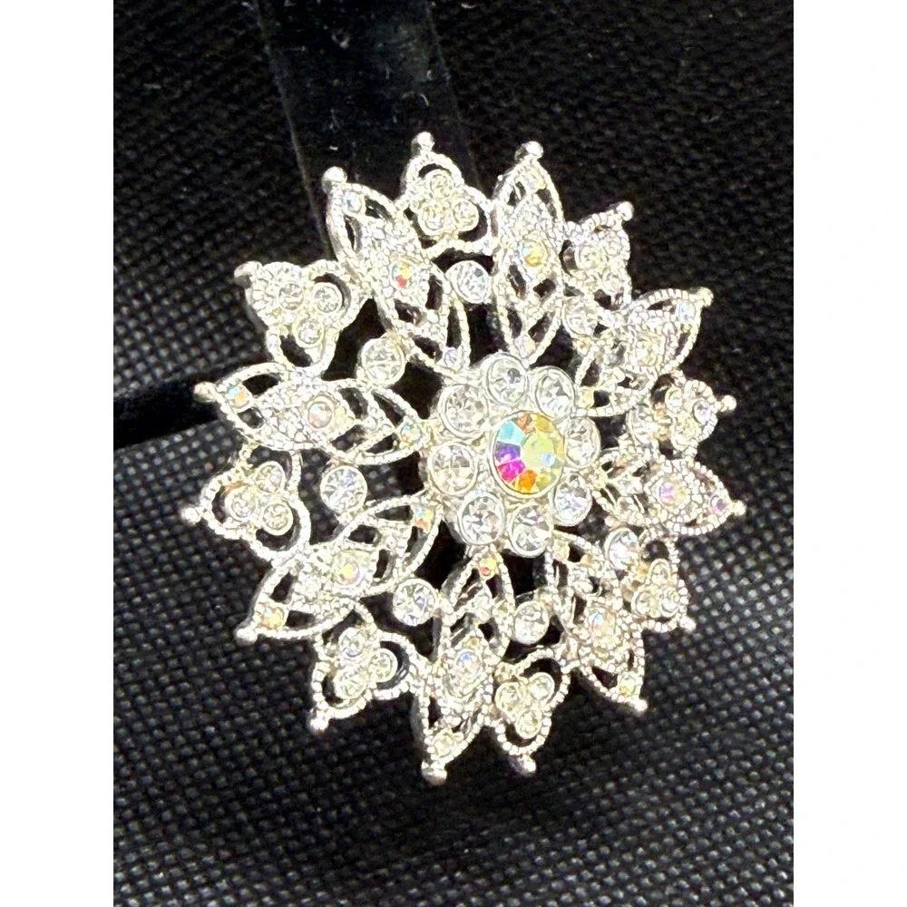 Silver Tone AB Crystal Rhinestone Sunburst Filigree Brooch Pin Vintage Style 2